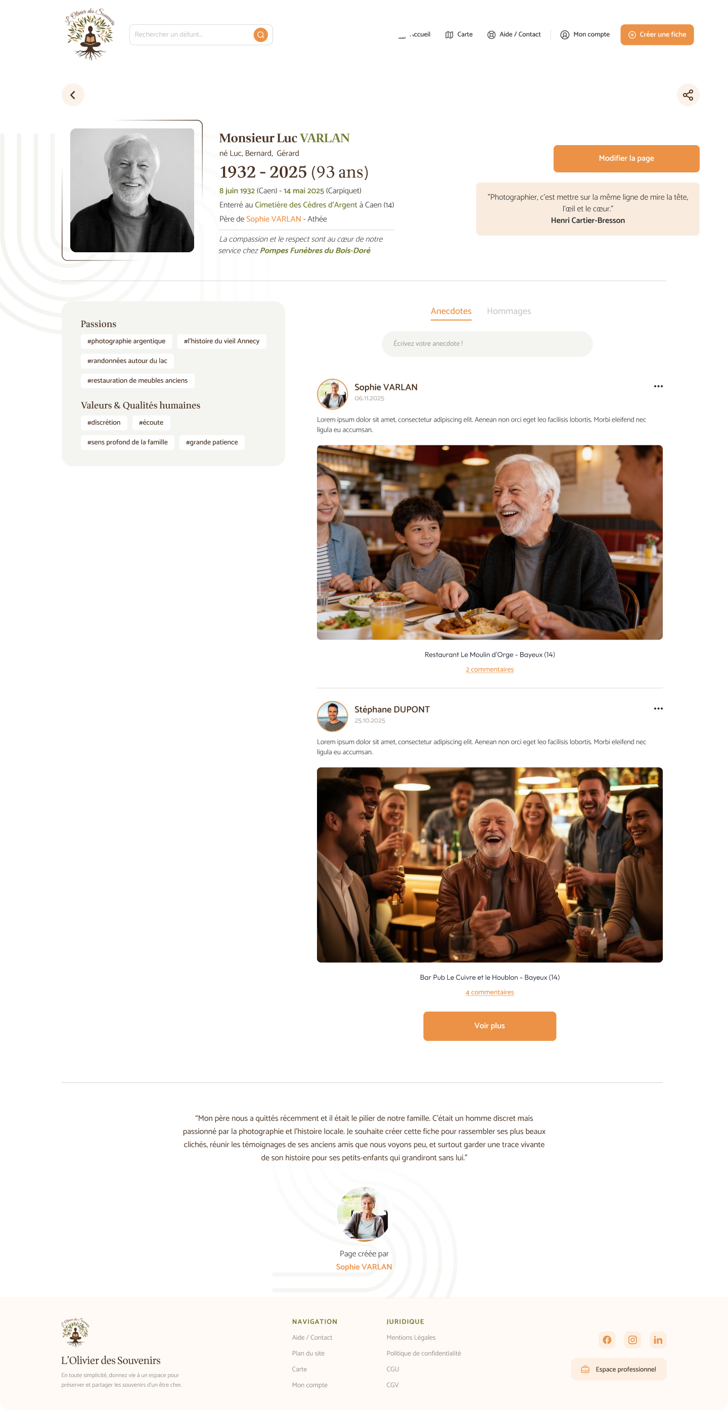 Aperçu d'une page mémoire en ligne avec espace de recueillement, anecdotes et mise en avant des pompes funèbres