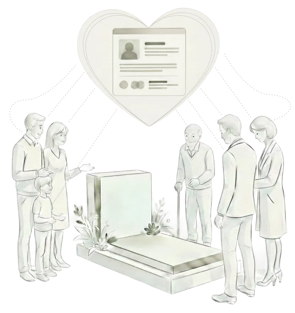 Illustration au trait d'une famille intergénérationnelle se recueillant devant une sépulture, reliée par des cœurs à une fiche mémorial en ligne