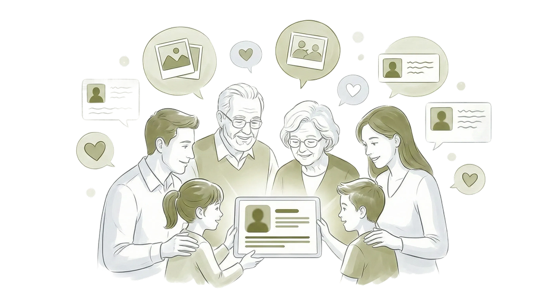 Illustration au trait d'une famille réunie autour d'une tablette, consultant la fiche d'un proche disparu et se remémorant des souvenirs avec des photos
